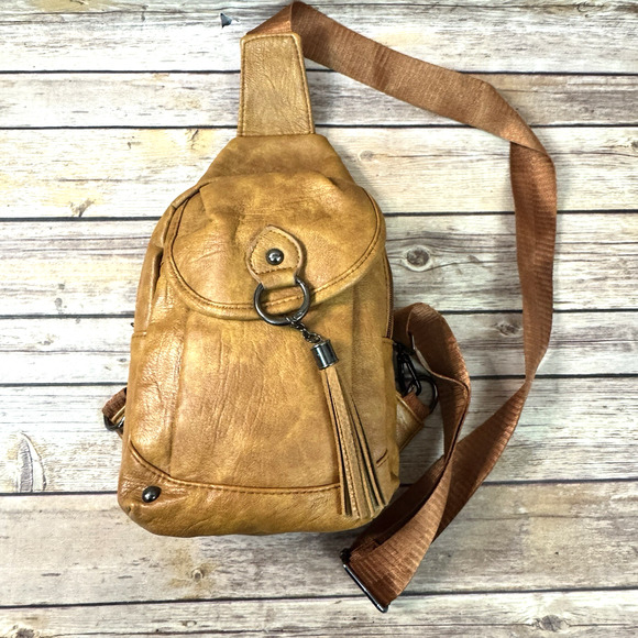 Zhen Meishi 90s Y2K Caramel Brown Vegan Faux Leather Crossbody Bag Purse - Picture 3 of 6